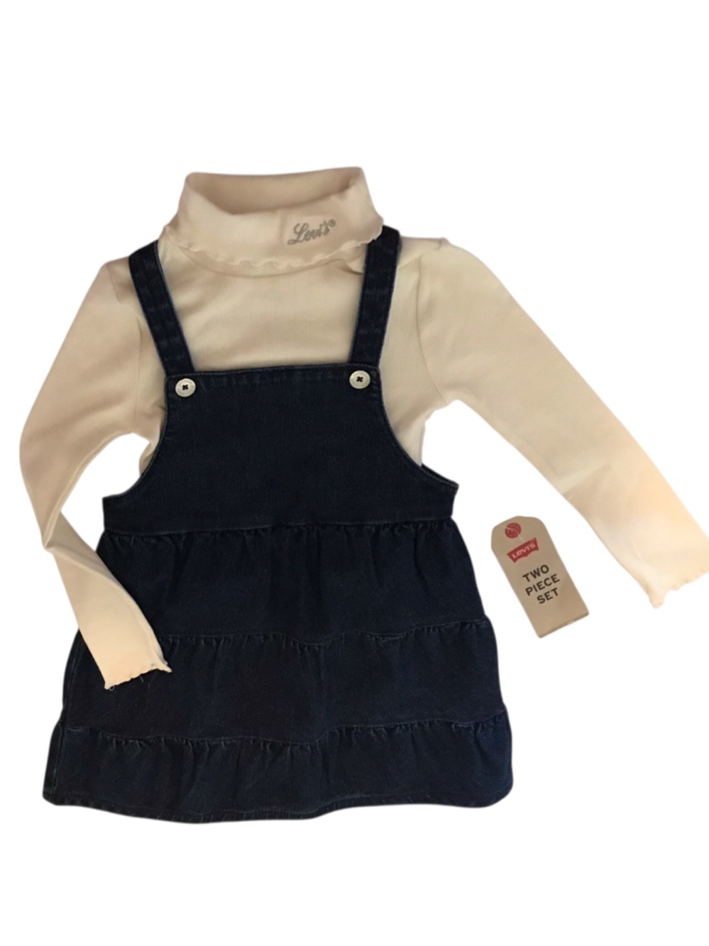 Girls Levi’s Two-Piece Navy Denim Pinafore Dress with Cream Turtleneck NWT 3T